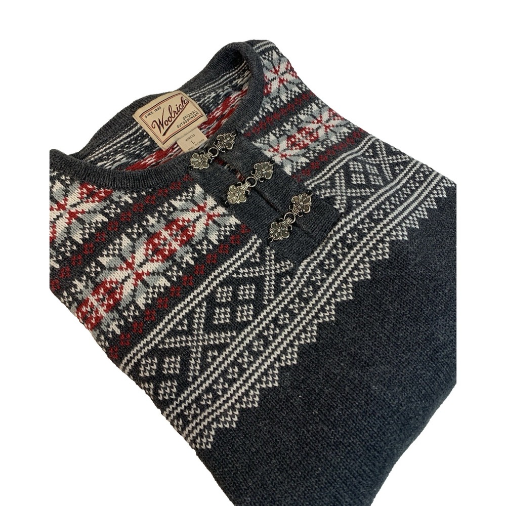 Woolrich Fair Isle Knit Clasp Sweater Women's L Gray Warm Cozy Outdoors Cottage
